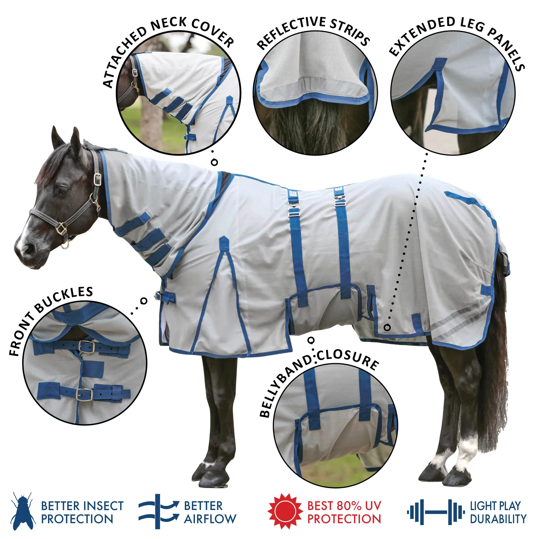 Soft Interlock Mesh Attached Neck Euro Bellyband Leg Shield Horse Fly Sheet